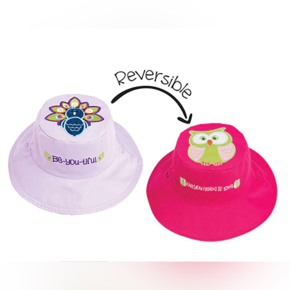 flapjac kids pink N purple Reversible Kids Toddler Sun Hat bucket Peacock & Owl